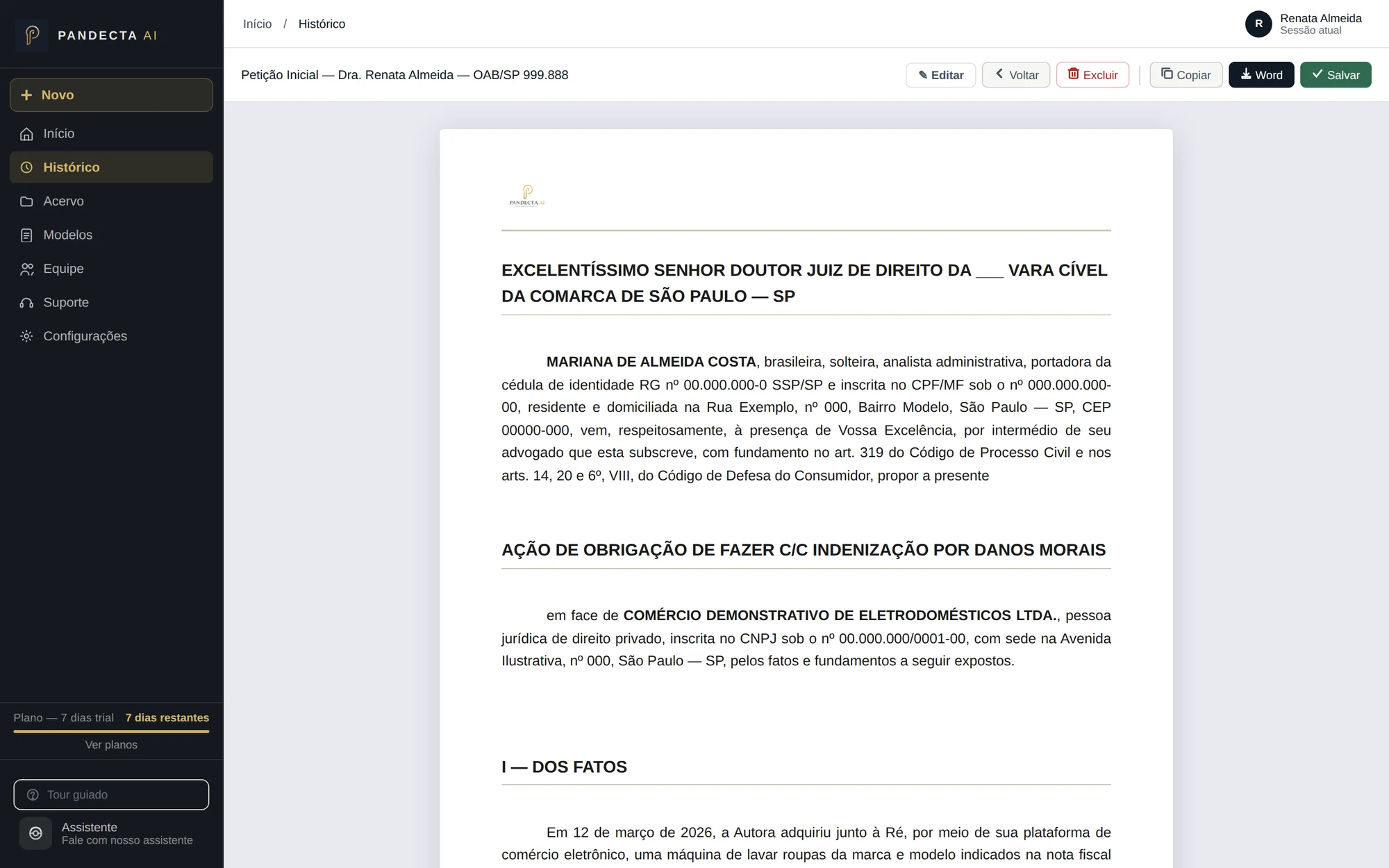 Visualizador da Pandecta exibindo uma petição inicial de direito do consumidor em papel com o timbre do escritório.