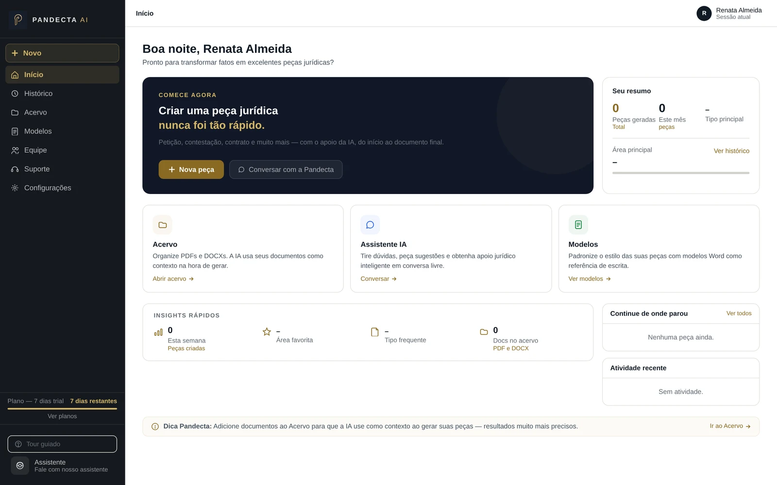Tela inicial da Pandecta com resumo de peças, acervo, assistente e modelos.