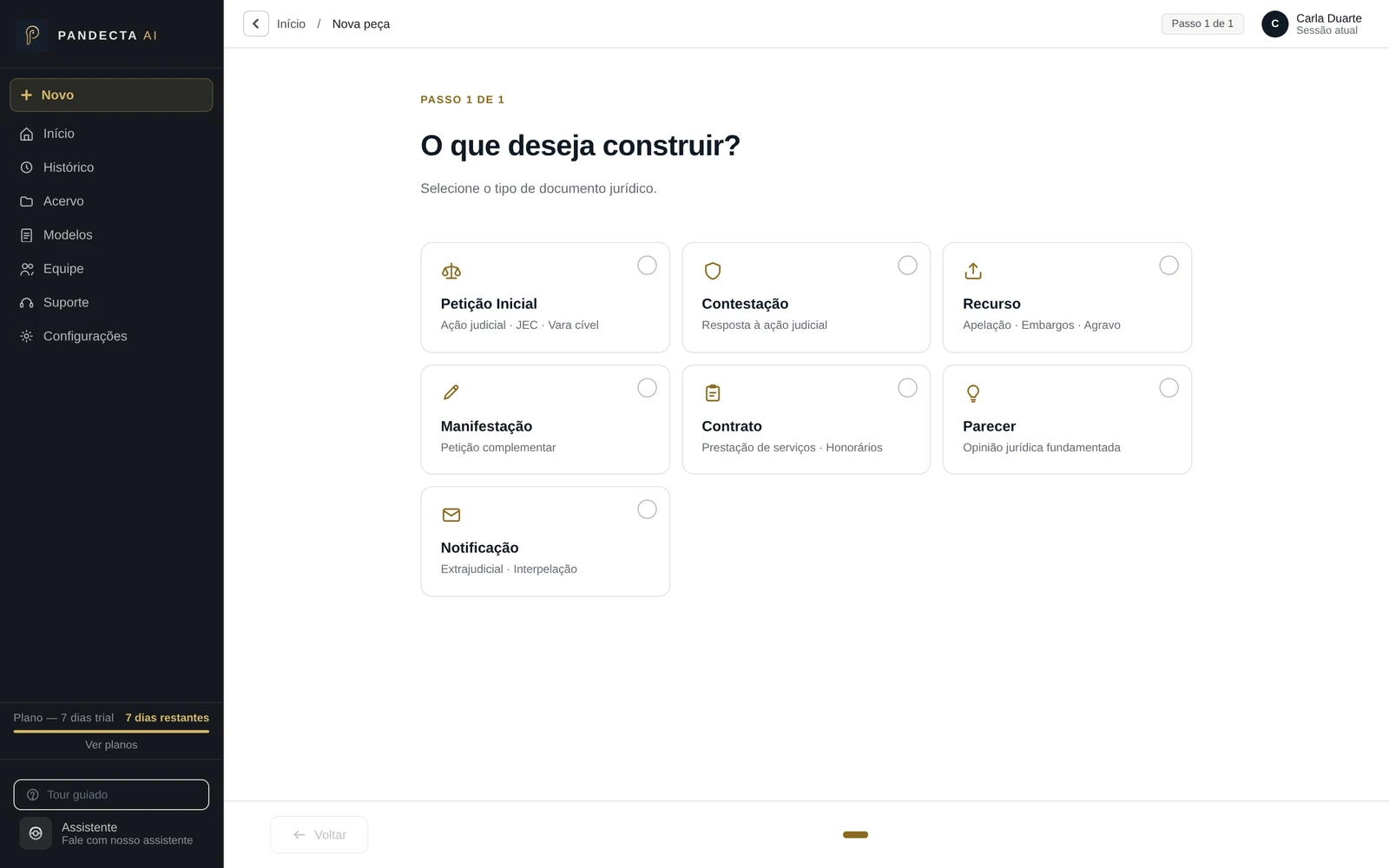 Construtor de peças da Pandecta com os sete tipos de documento disponíveis para seleção.